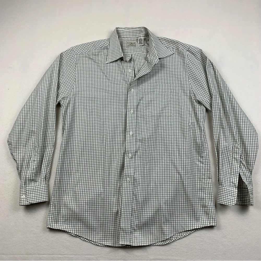 LL Bean Shirt Men's Medium Green Brown Check‎ Plaid Button Down Outdoor Office
